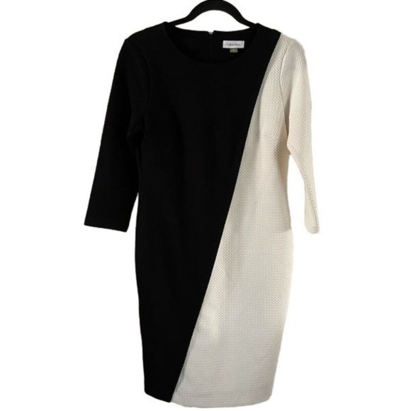 Calvin Klein Black & White Colorblock Sheath Dress Elegant Chic Midi - Picture 2 of 10